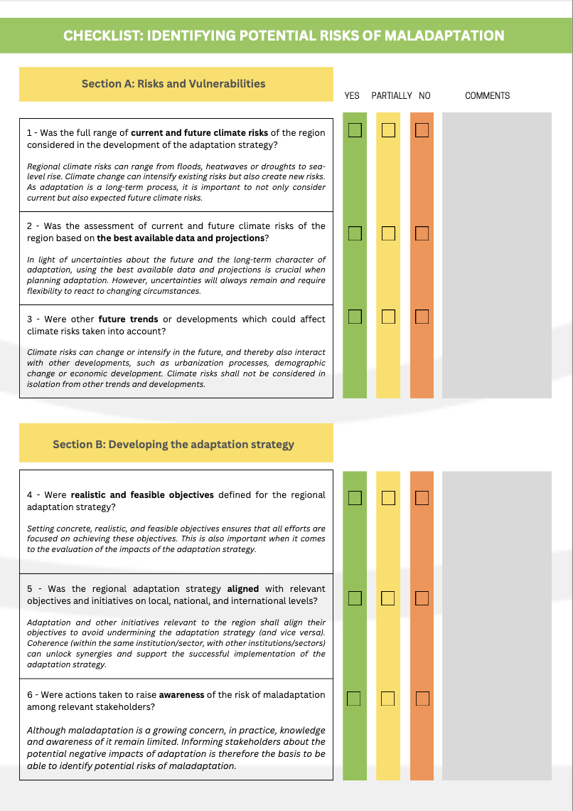 The REGILIENCE self-assessment tool to spot risks of maladaptation cover